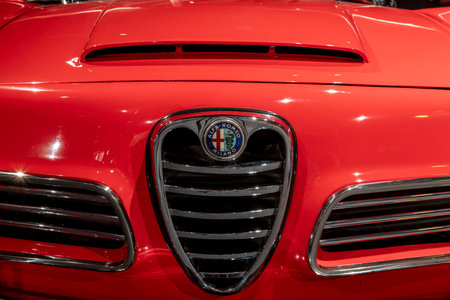 Sparkford.Somerset.United Kingdom.January 7th 2024.Close up of the Alpha Romeo Badge on an Alpha...