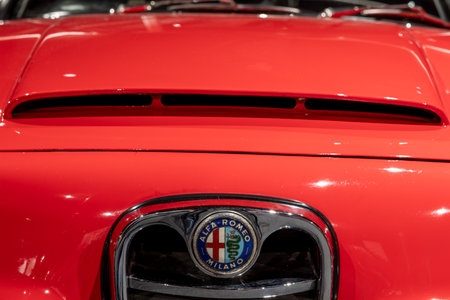 Sparkford.Somerset.United Kingdom.January 7th 2024.Close up of the Alpha Romeo Badge on an Alpha Romeo 2600 Spider at the Haynes Motor Museum in Somersetのeditorial素材