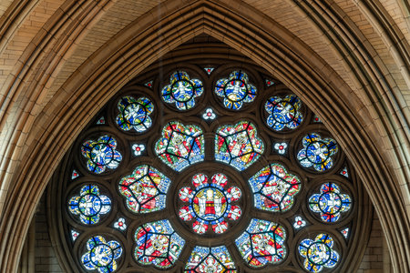 Truro.cornwall.United Kingdom.April 8th 2024.View of the west rose window inside Truro cathedral in Cornwallのeditorial素材