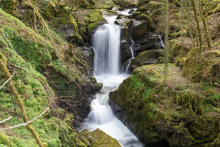 Long exposure of a waterfall on the Hoar Oak Water river at Watersmeet in Exmoor National Parkの写真素材