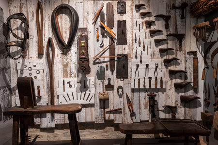 Glastonbury.Somerset.United Kingdom.March 24th 2024.A selection of antique tools for saddle making...