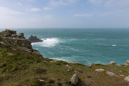 Landscape photo of the cliffs at Lands End in Cornwallの写真素材
