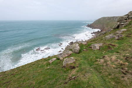 Landscape photo of the cliffs at Lands End in Cornwallの写真素材