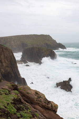 Landscape photo of the cliffs at Lands End in Cornwallの写真素材