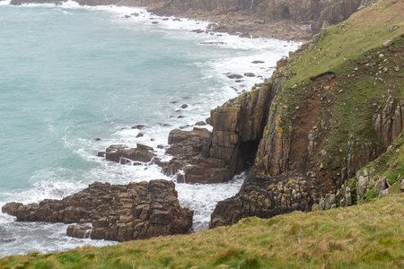 Landscape photo of the cliffs at Lands End in Cornwallの写真素材