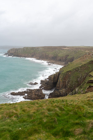 Landscape photo of the cliffs at Lands End in Cornwallの写真素材