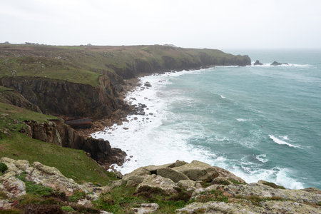 Landscape photo of the cliffs at Lands End in Cornwallの写真素材