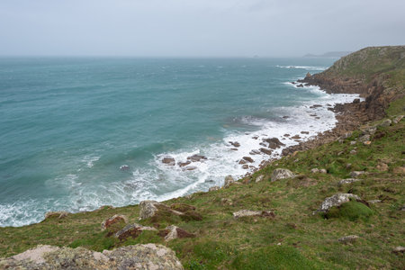 Landscape photo of the cliffs at Lands End in Cornwallの写真素材