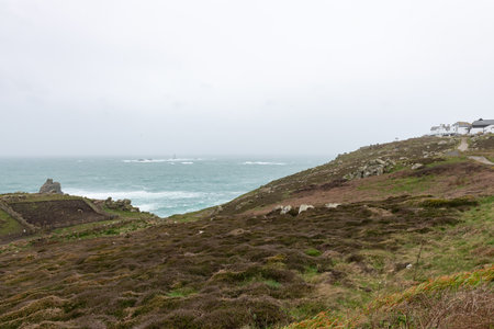 Landscape photo of the cliffs at Lands End in Cornwallの写真素材