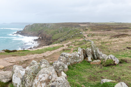 Landscape photo of the cliffs at Lands End in Cornwallの写真素材
