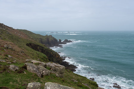 Landscape photo of the cliffs at Lands End in Cornwallの写真素材