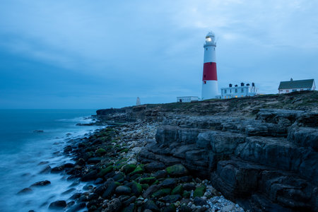 Night photo of Portland Bill lighthouse in Dorsetの写真素材