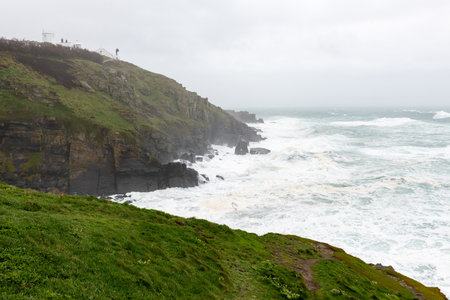 Rough seas at the Lizard in Cornwall during storm Kathleen on April 6th 2024の写真素材