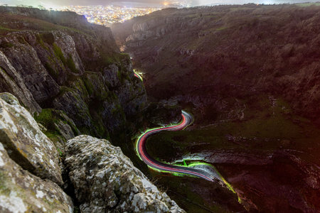 Night photo of light trails at the horseshoe bend at Cheddar gorge in Somerset