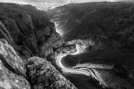 Night photo of light trails at the horseshoe bend at Cheddar gorge in Somerset
