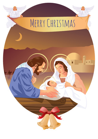 Christian Christmas nativity scene with baby Jesus and angelsのイラスト素材