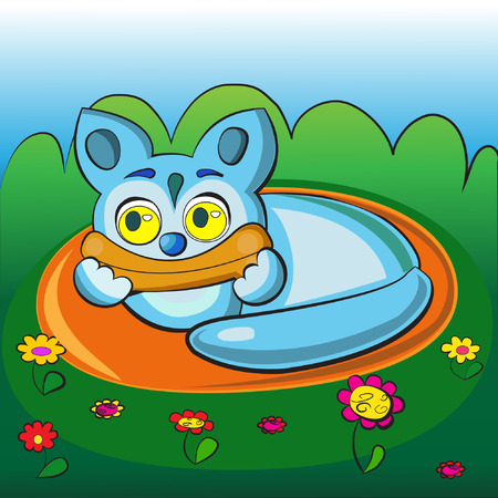 cartoon dog with a bone in the grassのイラスト素材