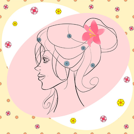 beautiful girl in profile with flowers in hair vector cardのイラスト素材
