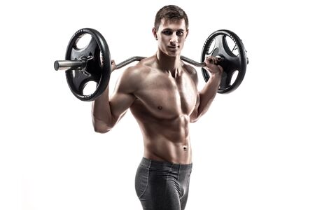 Strong man exercising fitness body building exercises with a barbell, isolated on white backgroundの写真素材