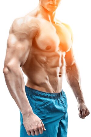 Strong Athletic Man showing muscular body and sixpack abs isolated white background. with sun flareの写真素材