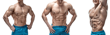 Strong Athletic Man showing muscular body and sixpack abs isolated on white background. collage of three photoの写真素材