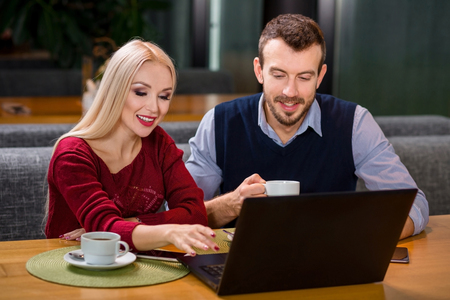 A woman and a man on a business lunch in a restaurant. discuss the project and look at the laptop screenの写真素材