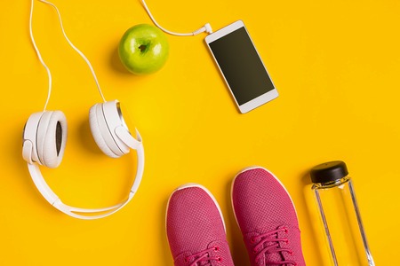 Top view, flat lay. Mockup. Sports and fitness background.