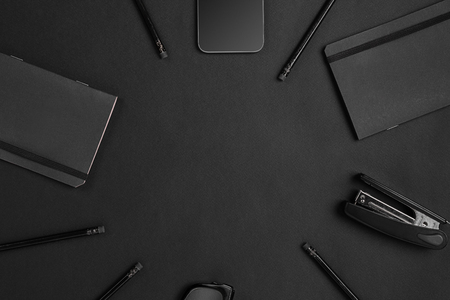 Still life of Black branding mockup. Black things on a black backgroundの写真素材