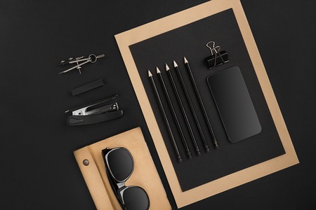 Office items on black backgroundの写真素材