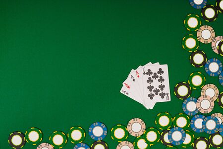 Poker. Banner template layout mockup for online casino. Green table, top view on workplace.の写真素材
