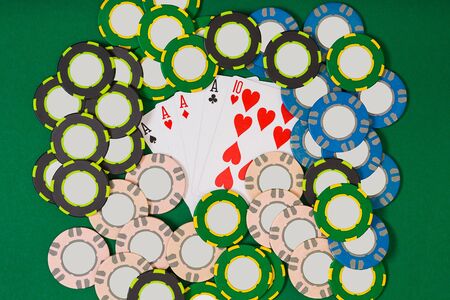 Poker. Banner template layout mockup for online casino. Green table, top view on workplace.