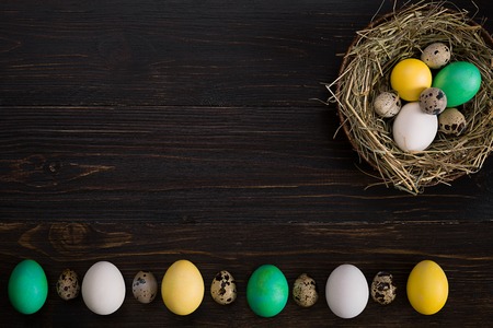 Easter eggs in nest on a black background