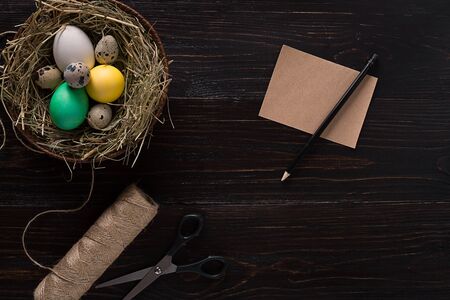 Colorful easter egg in nest on dark wood board.