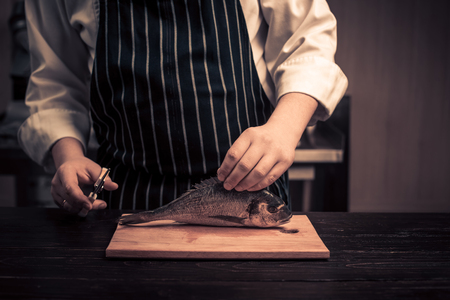 Chef cutting the fish on a boardの写真素材