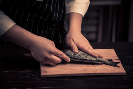 Chef cutting the fish on a boardの写真素材