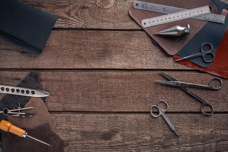 Leather crafting. Tools flat lay still lifeの写真素材