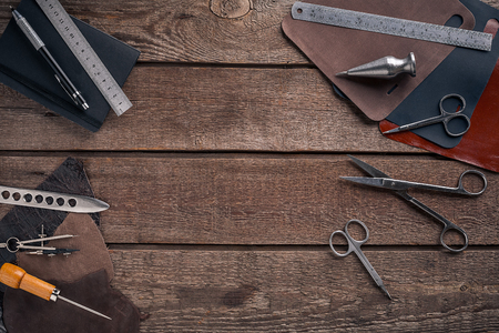 Leather crafting. Tools flat lay still lifeの写真素材