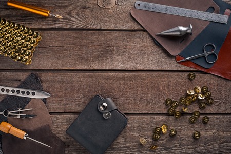 Leather crafting. Tools flat lay still lifeの写真素材