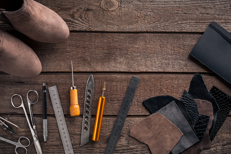 Leather crafting. Tools flat lay still lifeの写真素材