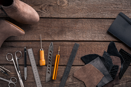 Leather crafting. Tools flat lay still lifeの写真素材