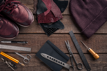 Leather crafting. Tools flat lay still lifeの写真素材