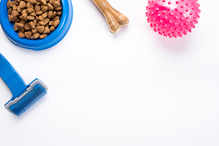 dry pet food in bowl and toys for dogs on white background top viewの写真素材