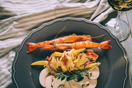 Noodles with shrimp and mushrooms. Spaghettiの写真素材