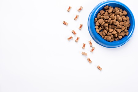 dry pet food in bowl on white background top viewの写真素材