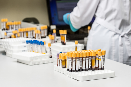A chemical sample bottle. Centrifuge. A test tube vial sets for analysis.の写真素材