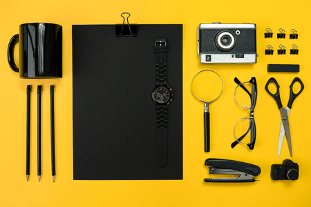 Workplace with office items and business elements on a desk. Conの写真素材
