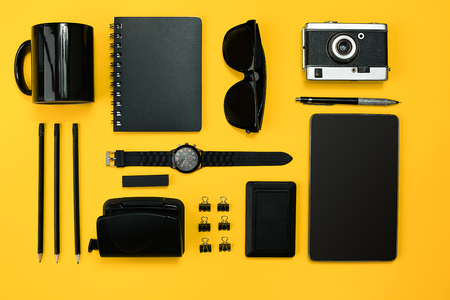 Workplace with office items and business elements on a desk. Conの写真素材
