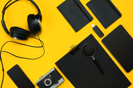Workplace with office items and business elements on a desk. Conの写真素材