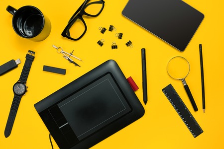 Workplace with office items and business elements on a desk. Conの写真素材