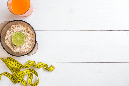 Healthy food with muesli and juice. Top viewの写真素材